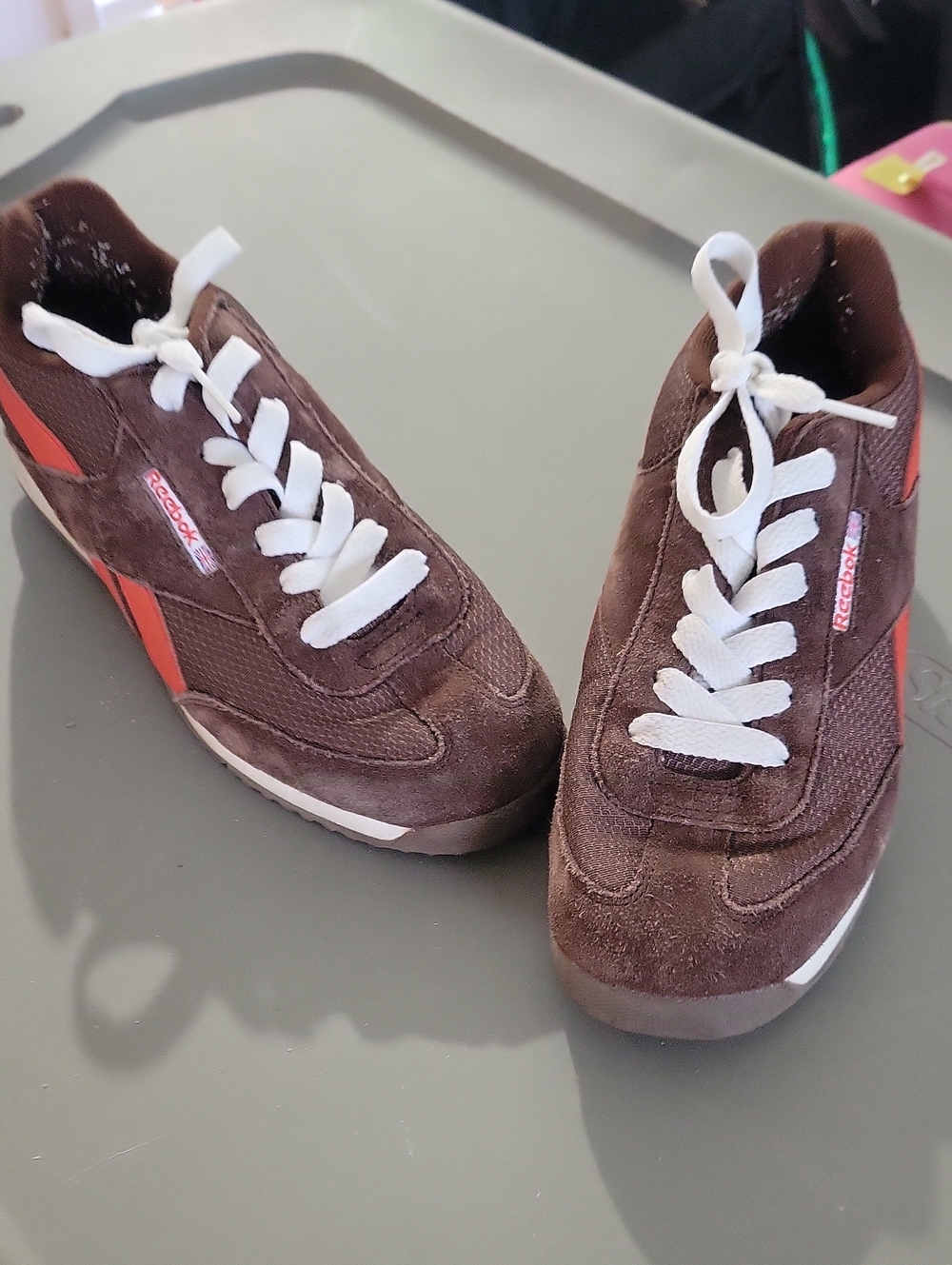 Reebok Men’s Brown Suede Sneakers with White Laces and Orange Accents